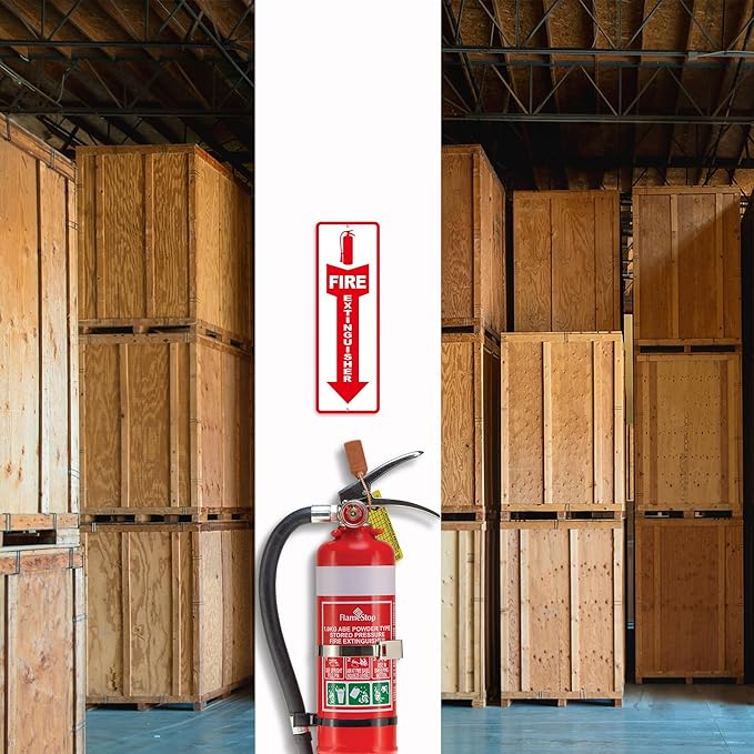 (4 Pack) Fire Extinguisher Signs – Strong Self Adhesive Fire Extinguisher Sign for Business, 12x4 Inch Aluminum Fire Extinguisher Signs Weather Resistant and Easy to Install (White)