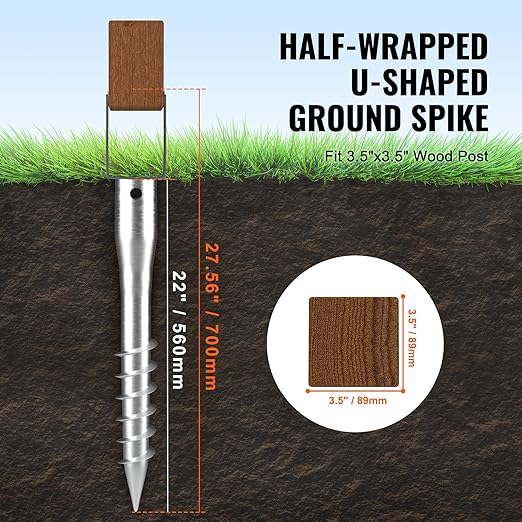 VEVOR No Dig Ground Anchor, 1 Pack 3.94 x 2.76 x 27.56 in DIY Screw in Post Stake, Includes 6 Lag Bolts & a Rebar, U-Shape Heavy Duty Steel Post Holder, Great for Mailbox Posts and Fence Posts