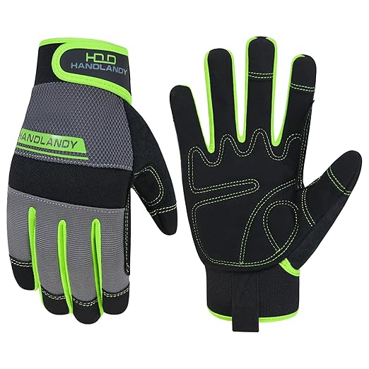 HANDLANDY Work Gloves Mens & Women, Utility Safety Mechanic Working Gloves Touch Screen, Flexible Breathable Yard Work Gloves (Large, Green)