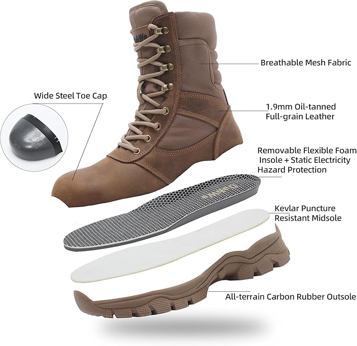DahWe Men's Steel Toe Work Boots with Side Zipper 8 inch Lightweight Comfortable Indestructible Puncture Proof for Industrial Construction Warehouse Roofing Logger Riding Safety