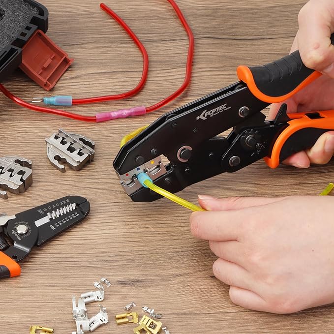 KF CPTEC Heavy Duty Crimping Tool Set, 9PCS Ratcheting Wire Crimper with Interchangeable Jaws, AWG 22-2 (0.5–35mm²), for Ferrules, Heat Shrink, Open Barrel, Insulated & Non-Insulated Terminals, Solar