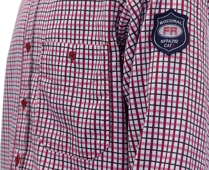 BOCOMAL FR Shirts Flame Resistant NFPA2112/CAT2 6.5oz Light Weight Printed Fire Retardant Plaid Shirt