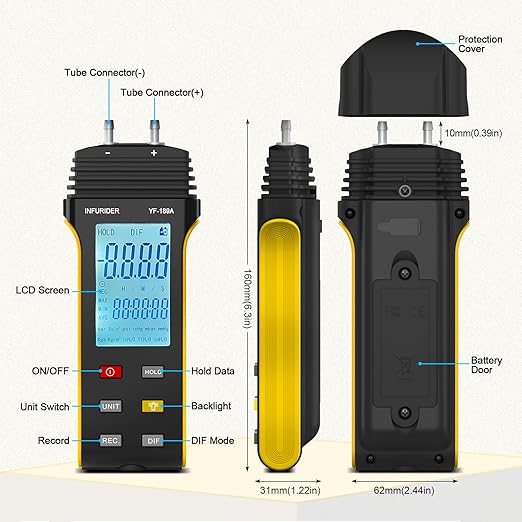 Manometer, Digital HVAC Gas Pressure Tester, Professional Air Pressure Meter, Handheld Gas Pressure Meter, 11 Selectable Units Differential Pressure Gauge YF-189A with Backlight