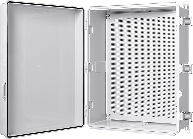 Junction Box, IP67 Waterproof Plastic Enclosure for Electrical Project, Hinged Grey Cover, Includes Mounting Plate and Wall Bracket 510×410×200mm (20"×16.1"×7.9")