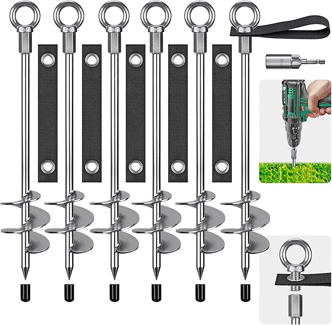 Fully Welded Ground Trampoline Anchors, 18'' Spiral Mobile Home Anchors, 6pcs Earth Anchor Heavy Duty Shed Anchor Kit with Straps for Securing Swing Sets, Animals, Trees, Tents, Shed, Carport