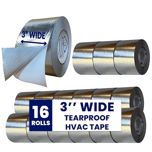 BlueTex Insulationㅤ HVAC Aluminum Foil Tape 3 inch x 150 ft (6 mil), Professional Grade Silver Duct Tape Metallic, Tear-Proof HVAC Tape, Heavy Duty, for Ductwork, Dryer Vent & Insulation - 16 Rolls
