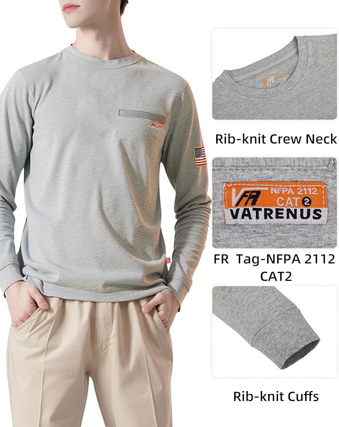 VATRENUS FR Shirt for Men Crewneck Midweight Utility Pocket Fire Resistant Long Sleeve Work Shirts NFPA2112 CAT2