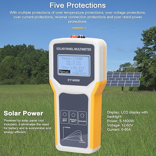 Solar DC/AC Power Meter Solar Panel Tester 1600W Photovoltaic Panel Multimeter MPPT Open Circuit Voltage Test Device Maximum Power Point Voltage Current Power Test Meter LCD Display with Backl