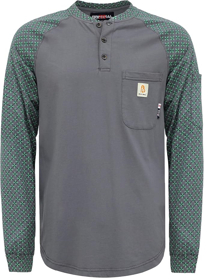 BOCOMAL FR Shirts 6oz Lightweight Flame Resistant Long Sleeve Henley Shirt Fire Retardant Workwear NFPA2112 CAT2