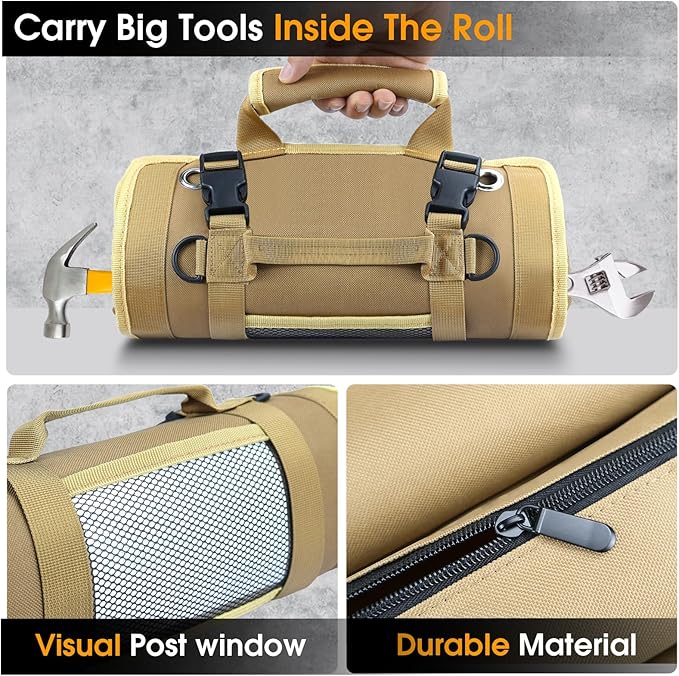 Roll Up Tool Bag, Heavy Duty Tool Organizer with 2 Detachable Pouches, Father's Day Gifts for Dad, Durable Tool Storage for Men Women, Perfect for Husband, Handyman, RV Owners, Dad Birthday, Khaki