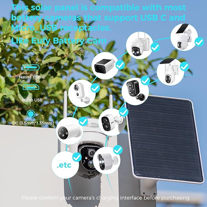 5V 8W Solar Panel for Security Camera, For Bird Feeder, 4G AOV Trail Cam, Ring Tapo Eufy Vicohome Eseecloud, Native USB-C, Micro-USB & DC 3.5mm*1.35mm, 23% Conversion, 9.8 Ft, 180 Days Exchange Policy