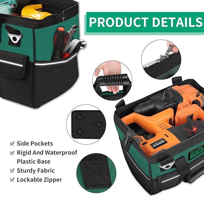 Tool Bag Organizer for Men, Wide Mouth Small Tool Bags,13.5 Inch Soft Handle Toolbox Organizer Storage, Large Zipper Electrician Tool Bag