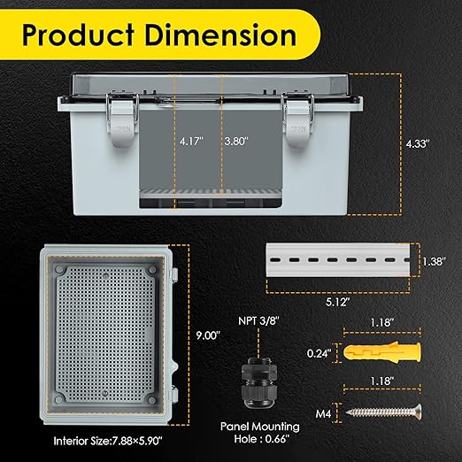 Waterproof Electrical Junction Box Outdoor, IP67 ABS Plastic Weatherproof Electrical Enclosure with Aluminum DIN Rail, Mounting Platem for WiFi Project, Clear (8.7''x6.7''x4.3)