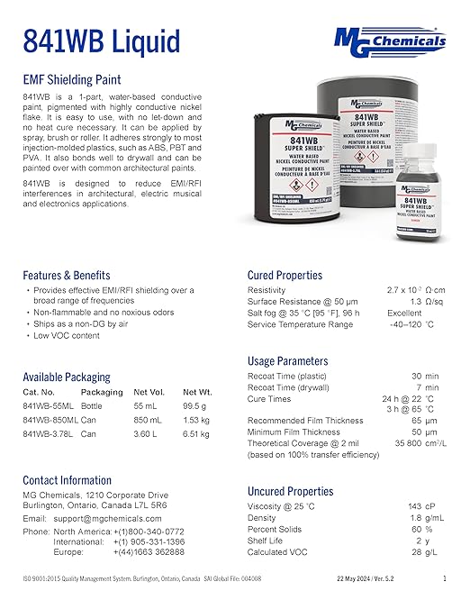 MG Chemicals 841WB-55ML EMF Shielding Paint Water Based Conductive Coating, 55 mL bottle