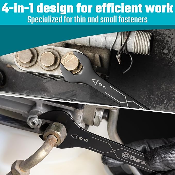 DURATECH 4-in-1 Super-Thin Open End Wrench Set, 3-Piece, 12 Sizes, Metric, Range from 6 mm to 17 mm, Ultra-Slim Wrench Set for Tight Spaces and Thin Nuts, Rolling Pouch Included