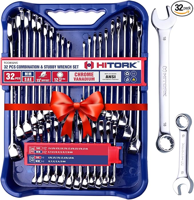 HITORK 32 Piece Wrench Set SAE & Metric 20 Standard & 12 Stubby Combination Wrenches Cr-V Steel 12-Point Mirror Finish 15° Offset with Organizer Tray Ideal for Auto & Home Repair