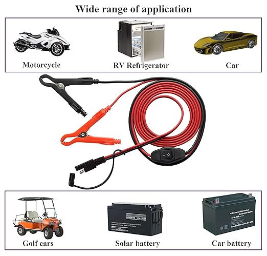 SAE Extension Cable 16 AWG Wire Harness SAE to Battery Alligator Crocodile Clip12V DC Extension Cord with Switch Quick Connect/Disconnect Snap Action Cable(2.4m/7.8ft-Fuseless Box)