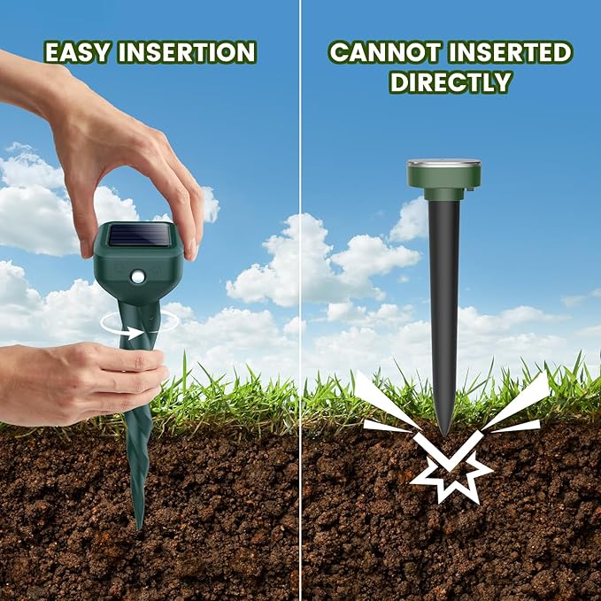 Mole Repellent Solar Powered, 4 Pack Snake & Rabbit Repellent for Yard, IP 65 Waterproof Ultrasonic Deterrent Stakes, Get Rid for Armadillo, Gopher, Vole, Chipmunk, Deer, Groundhog for Lawns Garden