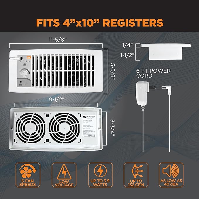 Suncourt Flush Fit Floor/Wall Register Booster Fan — Ultra-Quiet, 5-Speed Vent Fan with Smart Technology and 6-Foot Power Cord, HC500-W (White)