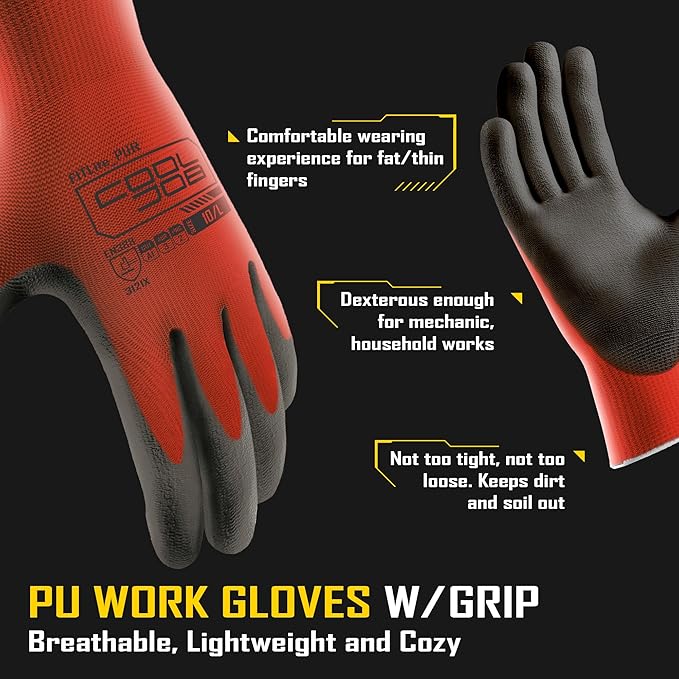 COOLJOB 60 Pairs Safety Work Gloves Pack Bulk with Grip PU Coating, 13 Gauge Seamless Knit Gloves with Polyurethane Dipped for Warehouse Working, Breathable Lightweight for Men Women, Red Xlarge
