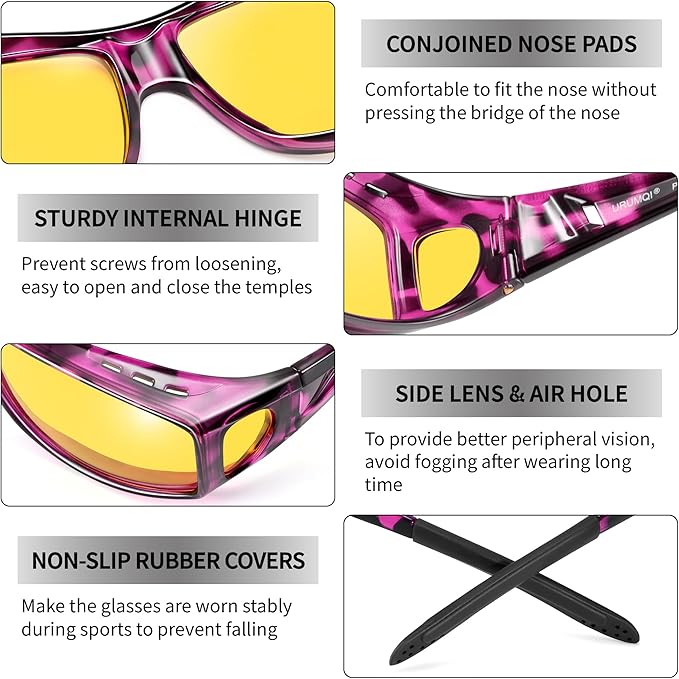 URUMQI Night Vision Driving Glasses Fit Over Eyeglasses for Men Women, Anti Glare Polarized Nighttime Glasses Yellow Lens