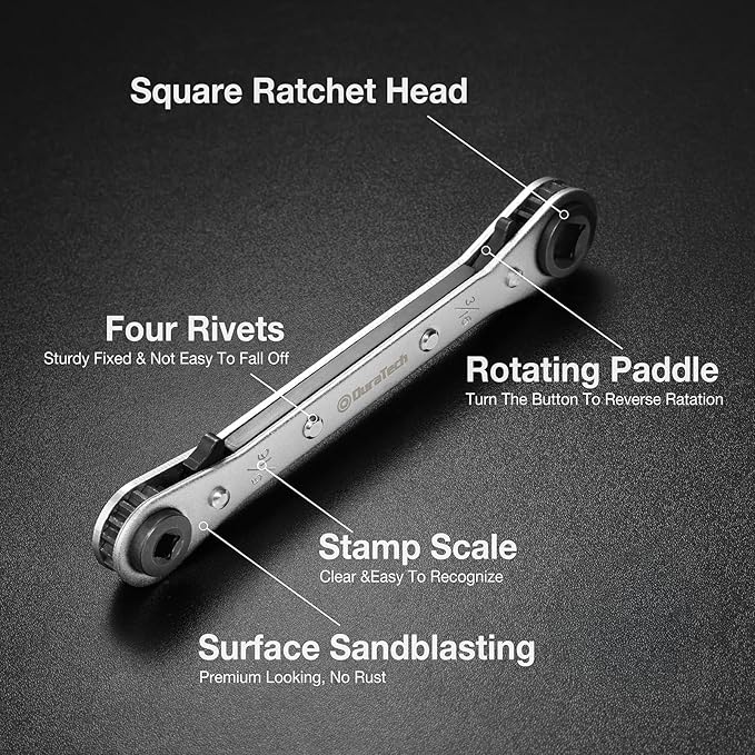 DURATECH 4 IN 1 HVAC Service Wrench, 3/16", 1/4", 5/16", 3/8", Air Conditioning & Refrigeration Equipment, Hex Bit Adapter
