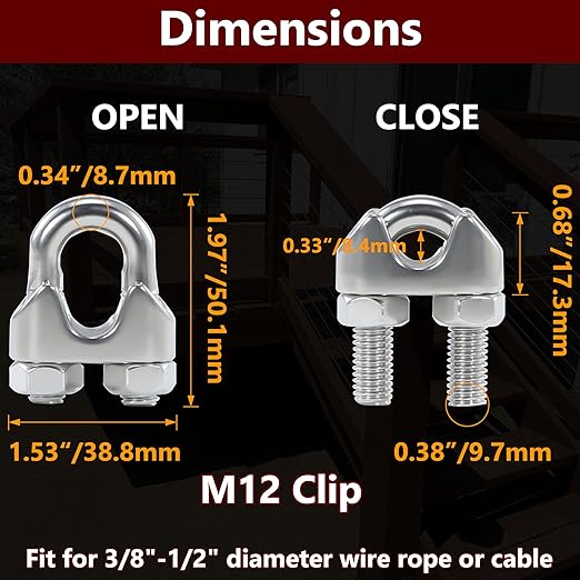 4PCS 1/2 Inches M12 Stainless Steel Wire Rope Cable Clip Clamp
