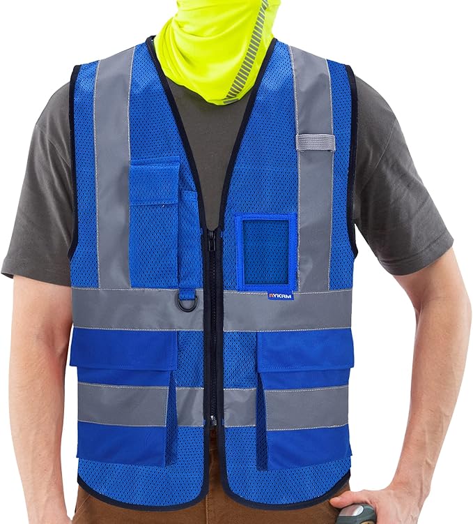 A-SAFETY High Visibility Mesh Safety Reflective Vest with Pockets and Zipper,Hi Viz Work Vest for Men Women (Blue Mesh XXXL)