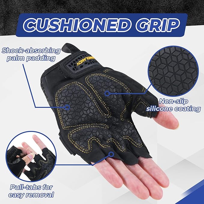 HANDLANDY Fingerless Work Gloves for Mens & Women, Uwrist Half Finger Shock-Absorbing Breathable Glove