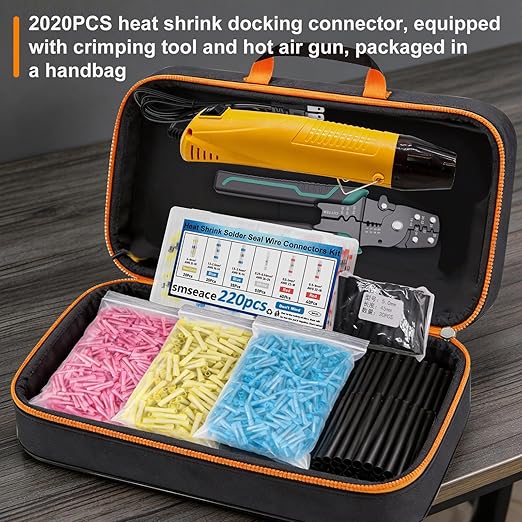 smseace 2020Pcs Heat Shrink Butt Connector,Solder Seal Wire Connectors Kit,Heat Gun and Crimping Tool Pack in Exquisite handbag 22-10AWG Waterproof Electrical Wire Crimp Connectors