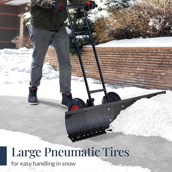 Best Choice Products 48in Heavy-Duty 2-Wheel Snow Pusher Hand Plow for Snow Removal w/Wheels, Adjustable Handle, Blade Angle - Black