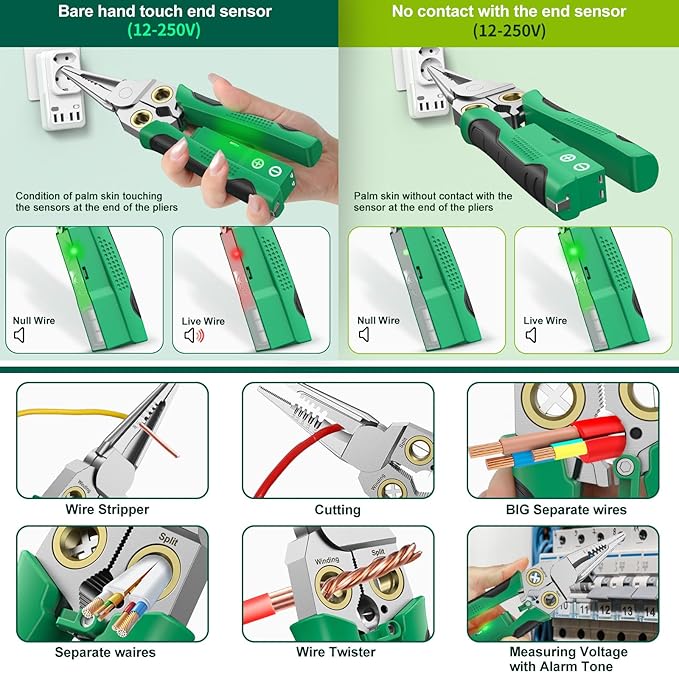 GADO Pro 8-in-1 Wire Stripper/Cutter with Voltage Tester & Dual Alarms - Heavy Duty 12-250V AC/DC Electrical Tester for Hot/Neutral Wires - Electrician, HVAC, Car Repair Tool (Green)