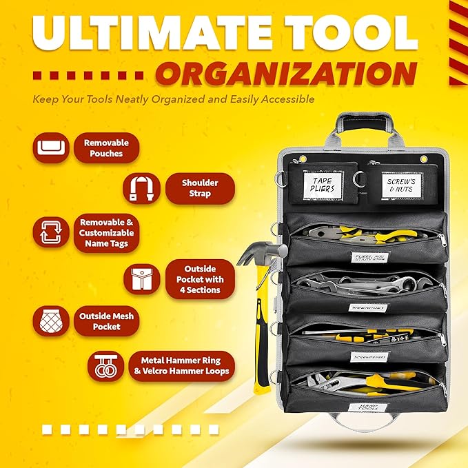 Updated Tool Roll Up Tool Bag Organizer, Name Tags, Advansed Features, Heavy Duty Tool Roll Bag Organizer, Mens Gifts For Him Motorcycle Mechanic & Electrician LUXADAR (6 Detachable Pouches)