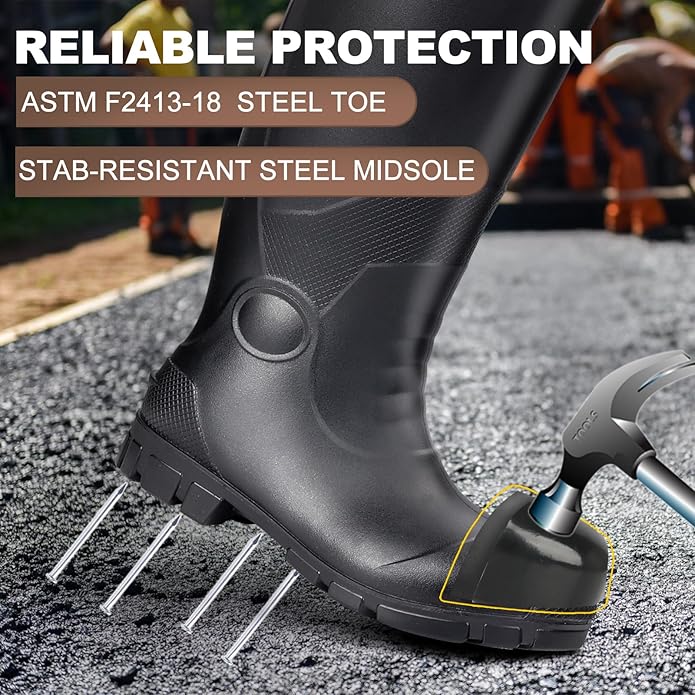 Showave Steel Toe Rubber Work Boots for Men Waterproof Durable Concrete Boots for Hunting Manufacturing Construction