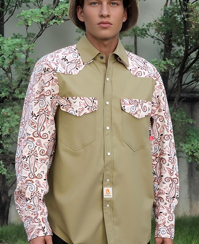BOCOMAL FR Shirts Pearl Snaps Two Tone Plaid/Solid Flame Resistant Cotton Welding Shirt NFPA 2112 CAT 2