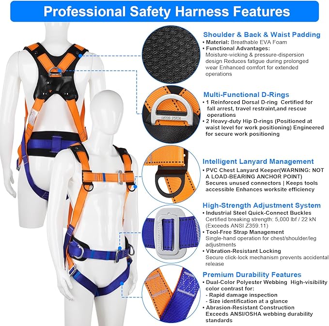 Premium Full Body Safety Harness Fall Protection Kit - OSHA/ANSI Compliant, Roofing Harness, Includes Shock Lanyard