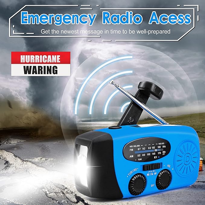 Emergency Hand Crank Radio with LED Flashlight for Emergency, AM/FM Portable Weather Radio with 2000mAh Power Bank Phone Charger, USB Charged & Solar Power for Camping, Emergency(Blue)