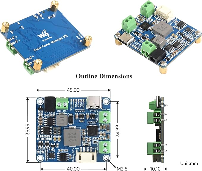 Solar Power Manager Module, Solar Charge Controller USB, Supports 6V~24V Solar Panel and Type-C Power Adapter, 5V/3A Regulated Output, with Battery Holder (Not Includes Batteries)