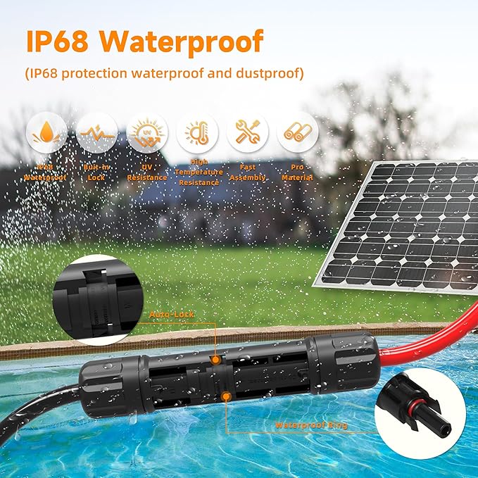 Solar Extension Cable 10 Gauge Panels Wire 3Ft 10AWG (6mm²) PV Wires SJZSUNRUN Tinned Copper Cables with 2 Pairs Solar Connectors for Outdoor Automotive, Marine, (Black&Red)