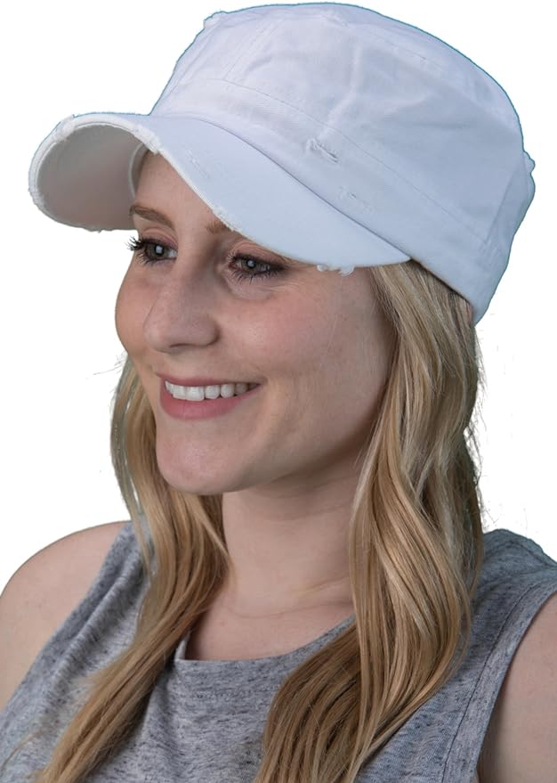 Funky Junque Distressed Military Hat – Newsboy Hats for Women, Short Brim Army Baseball Cap, Womens Cadet Hat Trendy Style