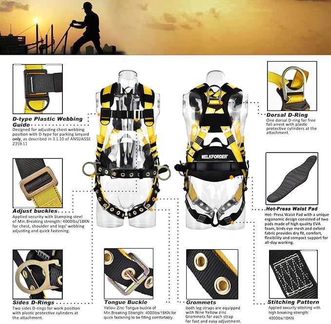 3D-Rings Fall Potection Safety Harness With Waist＆Leg Tounge Buckles|Waist & Shoulder Pad Support ANSI Compliant