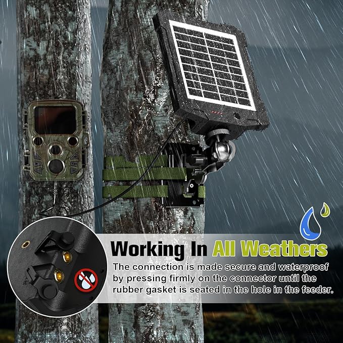 6V/12V Solar Panel for Trail Cameras, Deer Feeders & Outdoor Devices – 2000mAh Built-in Battery, IP66 Waterproof, with Mounting Bracket & Strap, Game Camera Solar Panel Charger