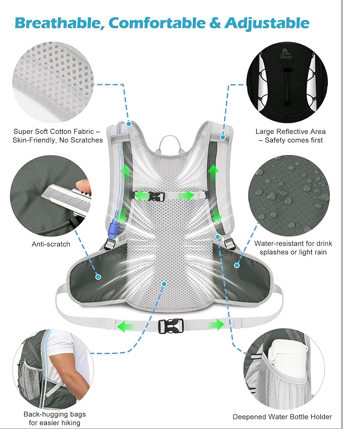 Hydration Backpack with 2L Water Bladder - Lightweight 15L Daypack with Phone-Sized Hip Belt Pockets, Anti-Chafe Cotton Edging & No-Bounce Straps - Small Water Backpack for Hiking, Running, Skiing