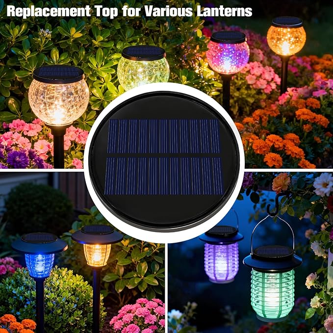 2 Pack Solar Lights Replacement Top Parts, 8 Colors Lantern Lid (Top 3.74 inch, Bottom 2.83 inch) 10 Lumens Lantern Lids Replacement Light for Hanging Solar Lanterns Outdoor Decorations Garden Patio
