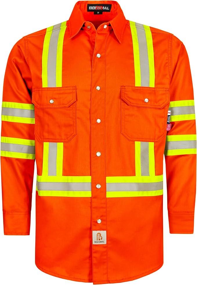 BOCOMAL FR Shirts for Men Hi Vis High Visibility 6.5oz Lightweight Type O Flame Resistant Refective Safety Shirt