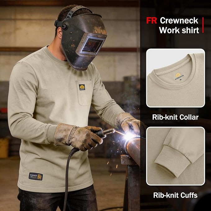 WORKWEYA Men's FR Shirts 6.5oz Lightweight Long Sleeve Flame Resistant T-Shirt NFPA 2112/CAT2