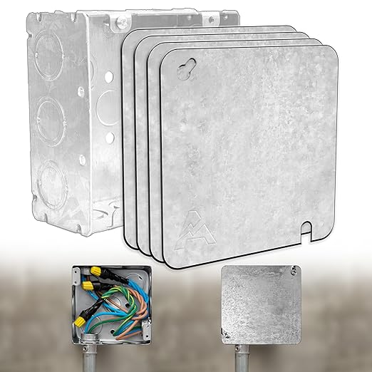 (Pack of 4) Airmont Products 4-11/16" Square Blank Metal Electrical Box Cover, .0625" Thick Galvanized Steel, Flat Square Junction Box Cover Plate with Keyhole & Slotted Mount, 4-11/16'' Blank Cover