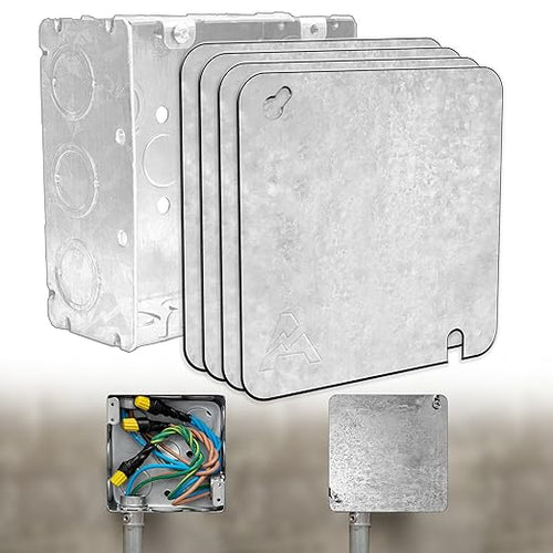 (Pack of 4) Airmont Products 4-11/16" Square Blank Metal Electrical Box Cover, .0625" Thick Galvanized Steel, Flat Square Junction Box Cover Plate with Keyhole & Slotted Mount, 4-11/16'' Blank Cover