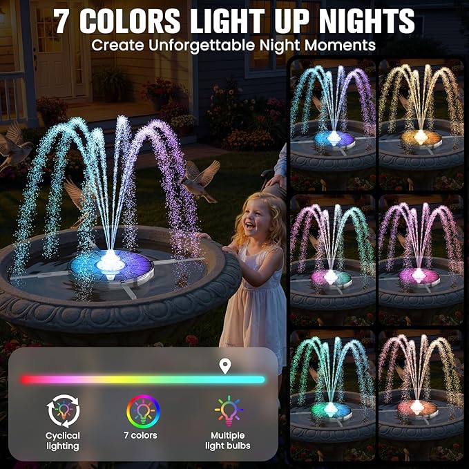 4000mAh Solar Fountain,2026 Solar Bird Bath Fountain Pump,3 Spray Solar Powered Water Fountain with Lights,Floating Birdbath Fountain Kit,DIY Water Bird Bath Fountain for Outdoor,Garden,Pond-White