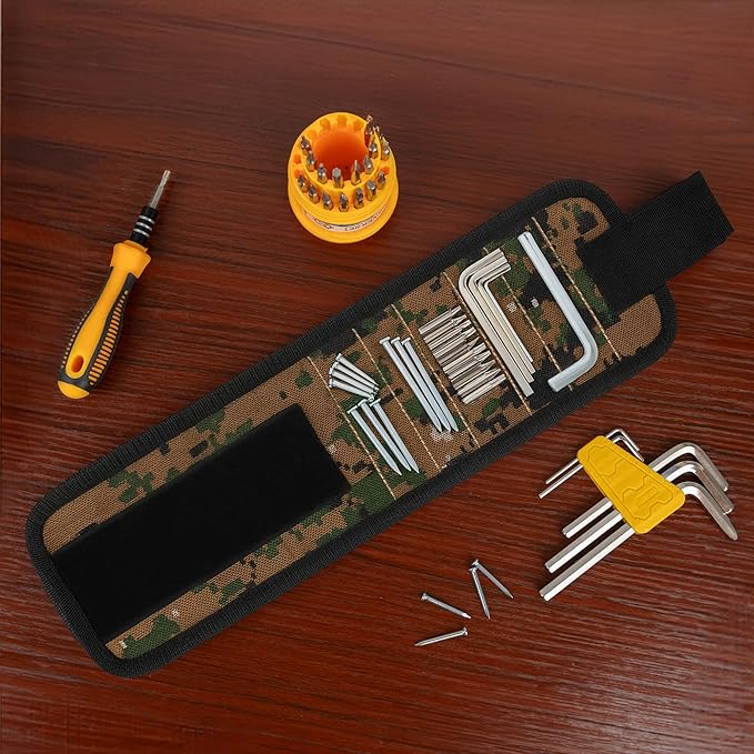 2PC Magnetic Wristband, 5-Row Strong Magnets for Holding Screws, Nails, Drill Bits, Tools Organizer for Craftsmen, Construction, Great Gift for Dad, Men (Camouflage)